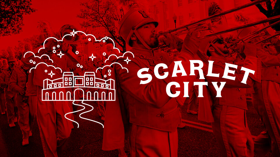 Graphic that reads "Scarlet City" with an outline of Memorial Stadium beside it