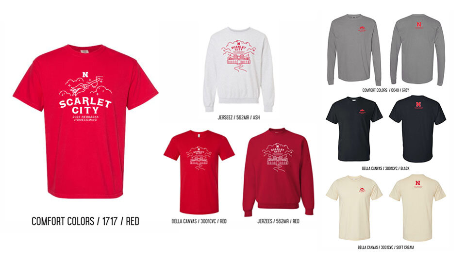 T-shirts and sweatshirts displaying the three designs representing the Homecoming 2025 theme "Scarlet City".