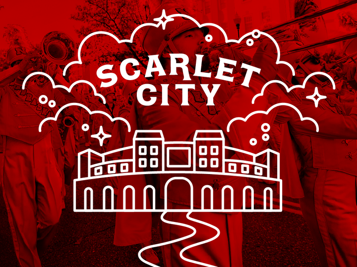 Graphic that reads "Scarlet City" with an outline of Memorial Stadium below it