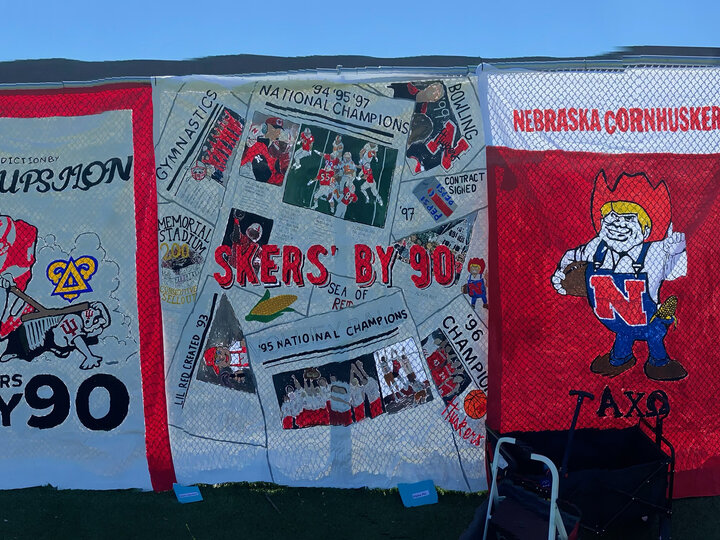 Homecoming banners designed by student groups are on display at Vine Street Fields in 2022.